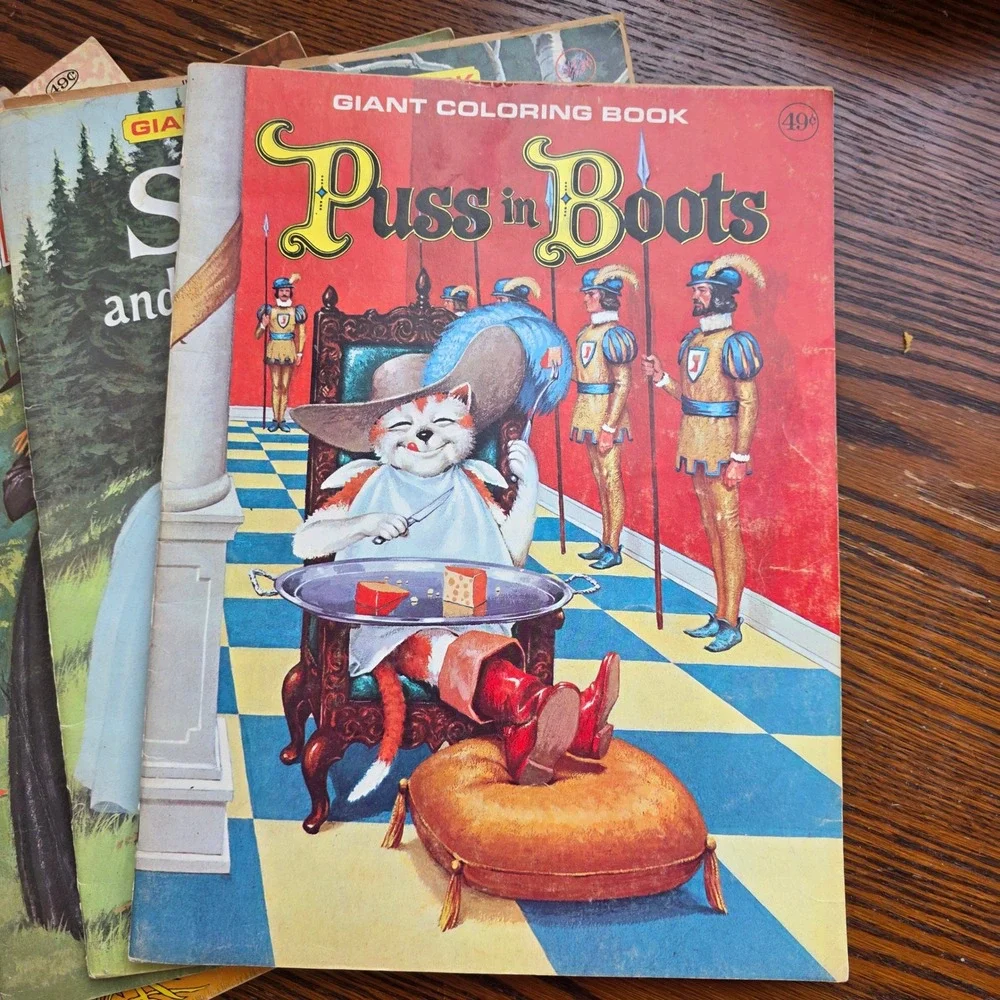 Vintage Giant Coloring Book Lot Puss in Boots Snow White Hansel Gretel 6 Books